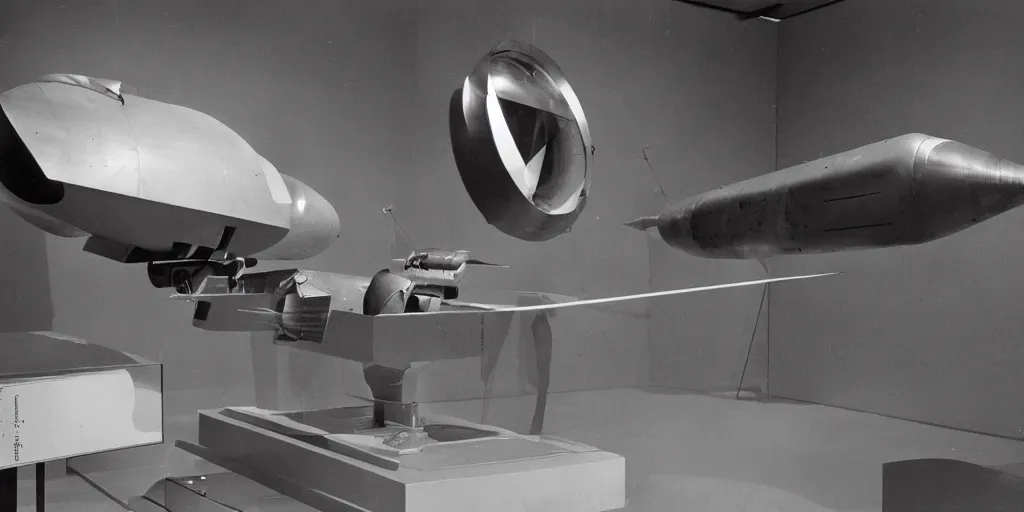 Prompt: museum display of ww 2 space laser weapons, archive photograph, 1 9 5 0's, sci - fi