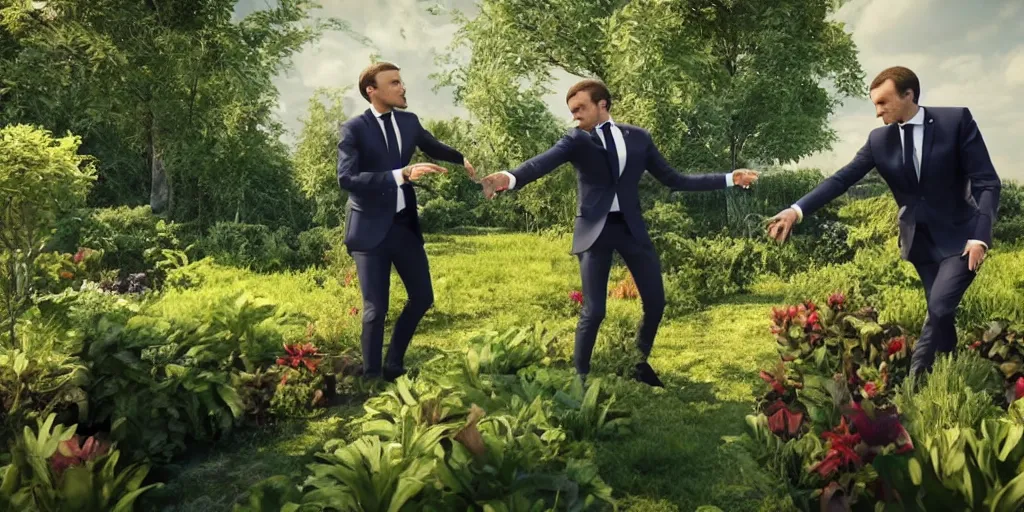 Image similar to emmanuel macron fighting vladimi putin in eden's garden, natural lighting, realistic, cinematic, close shot, stolen footage, octane render