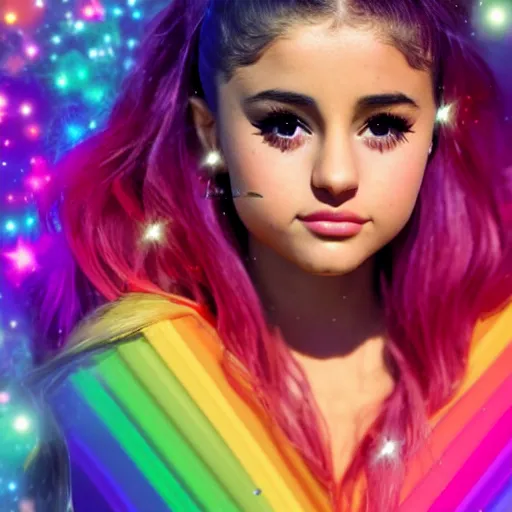 Prompt: 35mm macro shot portrait of an extremely cute and adorable Prismatic Spectrum Cosmic Magical Girl Ariana Grande Selena Gomez from the Rainbow Sky Paradise playing Dance Dance Revolution at Eurovision and Tomorrowland, large piercing eyes, smirk, ambient occlusion, DAZ, cinematic lighting, 3D render, unreal engine 5, professional graflex photograph by artgerm, flat vector art