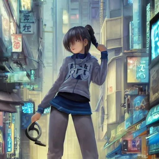 Image similar to dynamic composition, motion, ultra-detailed, incredibly detailed, a lot of details, amazing fine details and brush strokes, colorful and grayish palette, smooth, HD semirealistic anime CG concept art digital painting, watercolor oil painting of Clean and detailed post-cyberpunk sci-fi close-up schoolgirl in asian city in style of cytus and deemo, blue flame, relaxing, calm and mysterious vibes,, by a Chinese artist at ArtStation, by Huang Guangjian, Fenghua Zhong, Ruan Jia, Xin Jin and Wei Chang. Realistic artwork of a Chinese videogame, gradients, gentle an harmonic grayish colors. set in half-life 2, Matrix, GITS, Blade Runner, Neotokyo Source, Syndicate(2012), dynamic composition, beautiful with eerie vibes, very inspirational, very stylish, with gradients, surrealistic, dystopia, postapocalyptic vibes, depth of field, mist, rich cinematic atmosphere, perfect digital art, mystical journey in strange world