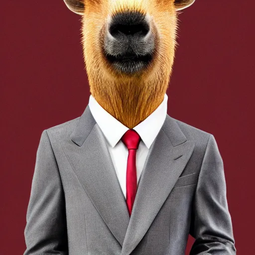 Image similar to a high quality photo of an antropomorphic capybara wearing a suit, 8k, digital art