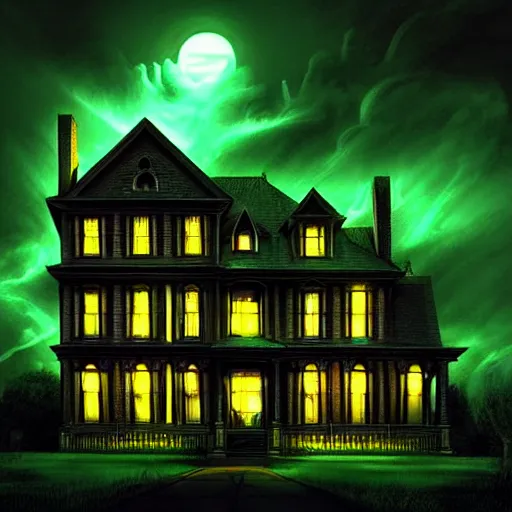 Prompt: Tim Jacobus art, haunted mansion, outside, upward angle, green light coming from window, ghosts night sky, lighting, clouds, artgerm, realistic, horror