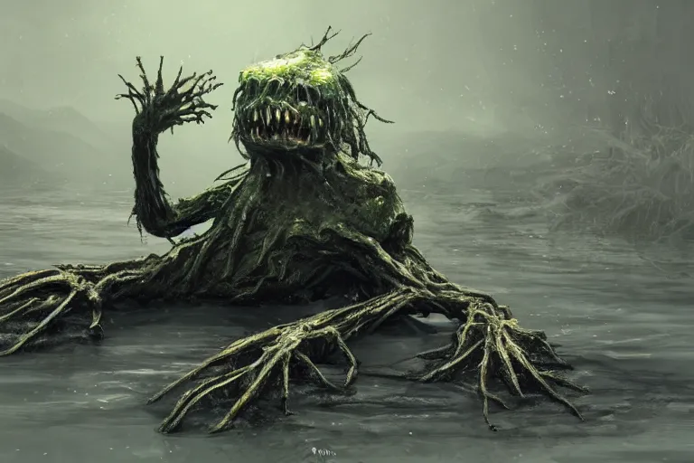 Image similar to a creepy monster crawling out of the water, seaweed haning from its arms, very long arms, very long fingers, standing in shallow water, drowned, unsettling, creepy, artstation, cgsociety