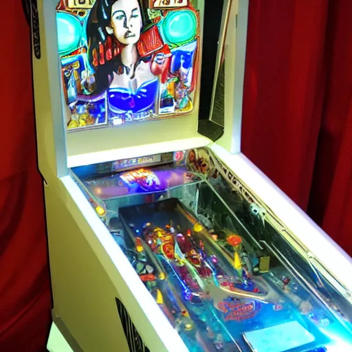 Prompt: a pinball machine in the shape of a cyborg woman