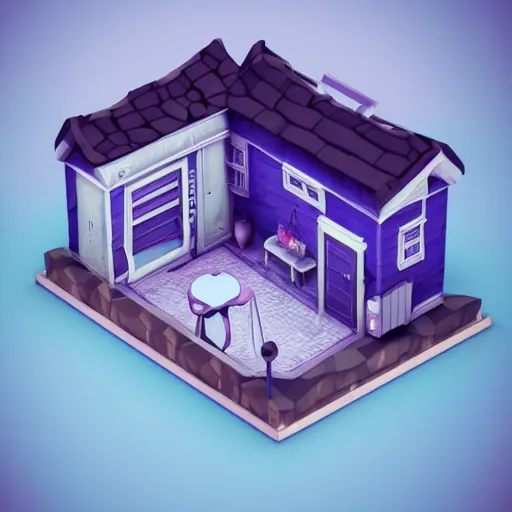 Image similar to small cute mobile game house, blue and purple scheme, 1 0 0 mm, 3 d render, isometric, diorama, blue background,