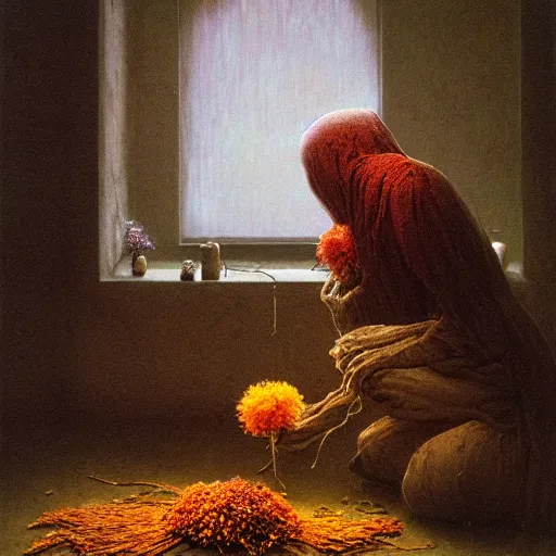 Image similar to a golemn tending to a beautiful dried flower in a dark room, zdzislaw beksinski, arthur rachham, 8 k, artstation, interior