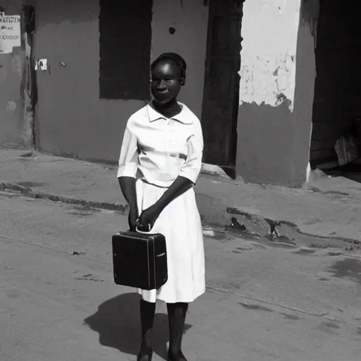 Prompt: “of a 21 year old woman in 1960 Bulawayo Main Street with a suitcase. Black and white photograph n 4”