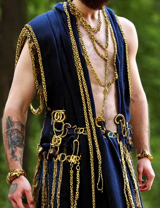 Prompt: longshot modern ancient greek squire costume chiseled chin full beard shaved head nature creek river in the woods marc jacobs gucci gold black blue intricate detailed handsewn textile robes chains necklace