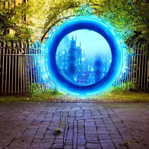 Prompt: a magical glowing blue portal in the middle of a city, through the portal you can see a magical forest