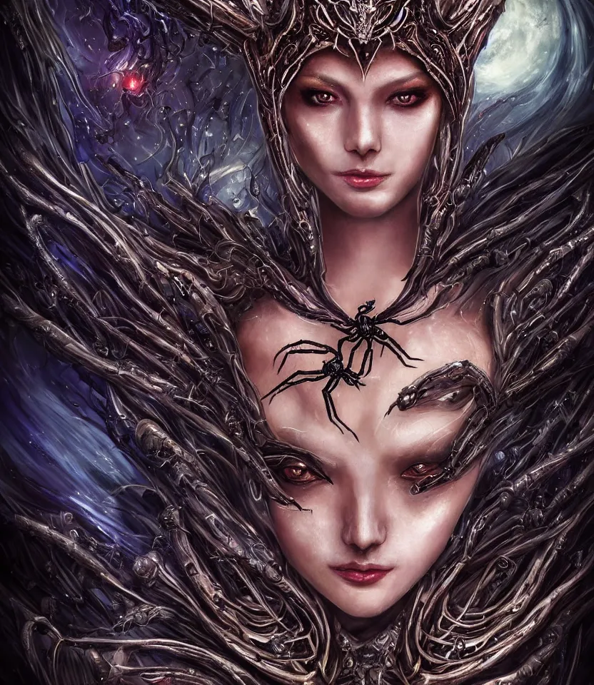 Image similar to close up portrait on the enchanting femenine queen of the zerg, hyper attractive, seductive, very complex, hyper-maximalist, overdetailed, legendary cinematic, darkfantasy, archetype with timeless beauty breathtaking eyes, her spider like legs spread evenly around her framing the image, collossal alien ship in the sky behind her, highly intricate, digital art, very elegant, HDR 8K, biblical art, realism, incomprehensible yet perspicious detail, unbeatable quality, silent hill aesthetic, photorealistic, lifelike, DSLR 8k, unbeatable coherency, Omnious intricate, octane render, created Nixeu & z--ed from deviantart