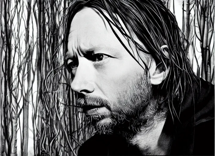 Prompt: beautiful photographs of prints of thom yorke pictures on a table, hyper realistic, variations of thom yorke, right side profile, forest, high quality photograph, mixed styles, intricate details, diverse colors, deep emotional impact