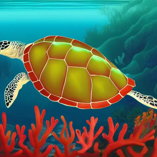 Prompt: a beautiful matte digital painting of a light-green sea turtle swimming over an red-orange coral reef through blue-violet waters, triadic color palette, painted in the style of National Geographic, trending on artstation hq