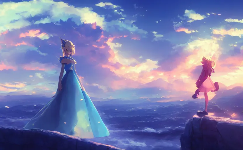 Image similar to Princess rosalina, anime painting, 3d render, hyper realistic, dramatic lighting, the sky is a nebula on fire, 8k hdr pixiv dslr photo by Makoto Shinkai ilya kuvshinov and Wojtek Fus, digital art, concept art,