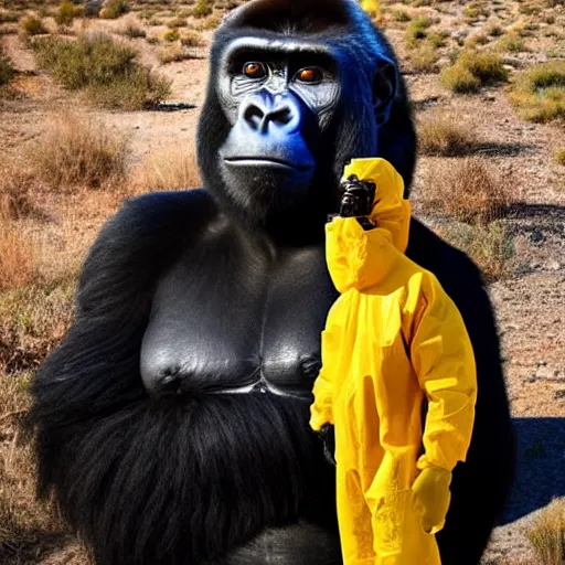 Prompt: A photo of a gorilla in a hazmat suit standing next to Walter White, New Mexico desert, cinematic lighting