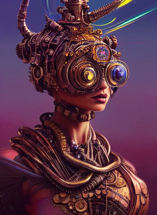 Image similar to hyper detailed ultra sharp of a aladdinpunk steampunk sci - fi vatika trending on artstation, warpaint aesthetic, earthwave, colorful, psychedelic, ornate, intricate, digital painting, concept art, smooth, sharp focus, illustration, art by artgerm and greg rutkowski and h. r. giger, 8 k