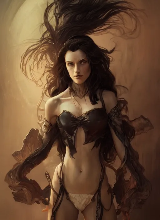 Image similar to cinematic lighting, portrait of a ruggedly handsome female witch, soft hair, half body, leather, d & d, fantasy, intricate, elegant, highly detailed, digital painting, artstation, concept art, smooth, sharp focus, illustration, art by artgerm and greg rutkowski and alphonse mucha