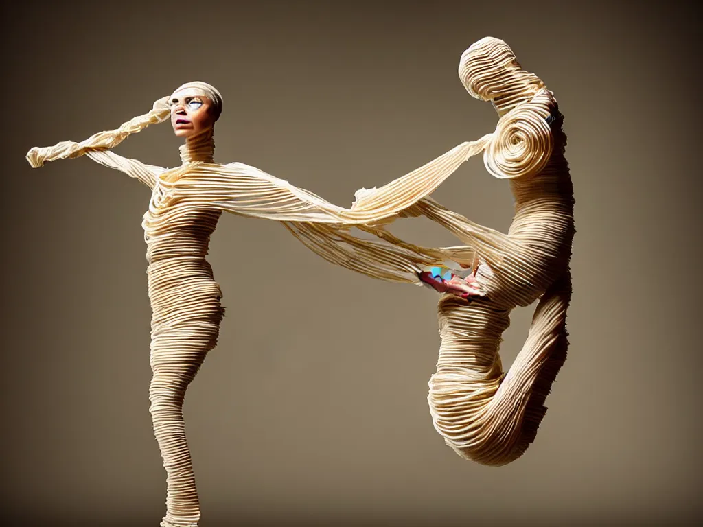 Image similar to a perfect photograph of a woman made of corrugated alabaster. she is floating, contorted and tied in a knot. she has three million legs. perfect focus, studio lighting, maglev chernobyl