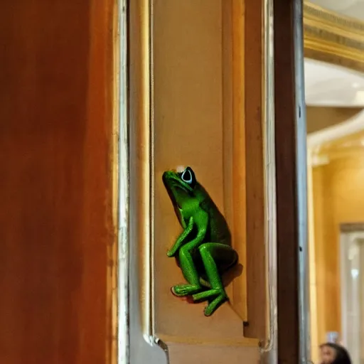 Image similar to a small frog standing on two feet at the hotel reception entry, renaissance painting