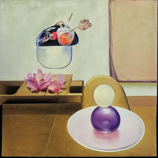 Image similar to “a portrait in an art student’s apartment, a feminine pig in a bubble bath, pork, ikebana white flowers, white wax, squashed berries, acrylic and spray paint and oilstick on canvas, by munch and Dali”