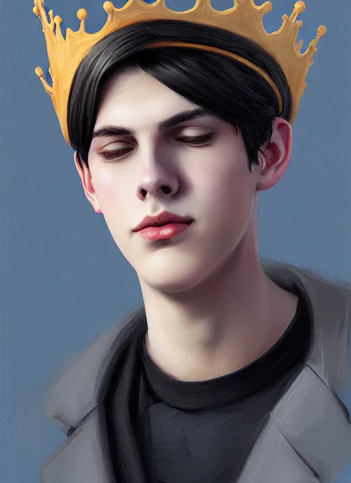 Image similar to portrait of teenage jughead jones wearing a light grey crown, photorealistic, crown, eyes closed, crown, black hair, intricate, elegant, glowing lights, highly detailed, digital painting, artstation, concept art, smooth, sharp focus, illustration, art by wlop, mars ravelo and greg rutkowski