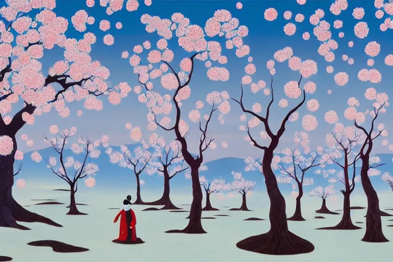 Prompt: A surreal winter forest landscape with barren sakura trees by Chiho Aoshima and Salvador Dali