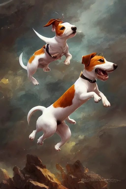 Image similar to adorable jack russel terrier jumping high, fantasy art, artstation character design contest winner, trending on cgsociety, concept art, speedpaint, beautiful digital art, jesper ejsing, james jean, justin gerard, fenghua zhong, makoto shinkai, highly detailed