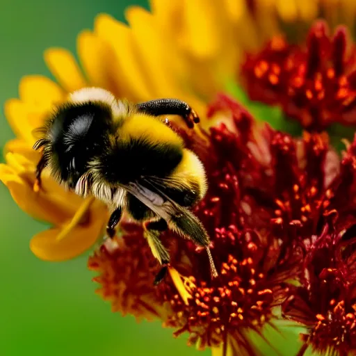 Image similar to a bumblebee resting on the tip of a human finger , depth of field, close up , ultra realistic
