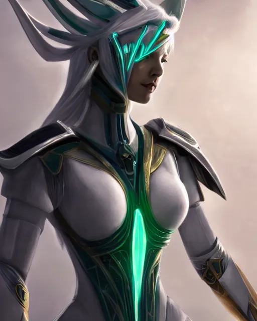 Image similar to perfect white haired attractive egyptian goddess, warframe armor, beautiful, symmetric, dreamy, half asian, pretty face, green eyes, charlize theron, detailed, scifi platform, laboratory, experiment, 4 k, ultra realistic, epic lighting, android body, illuminated, cinematic, masterpiece, art by akihito tsukushi, voidstar