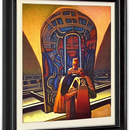 Image similar to the shaman of the subway, an art deco painting by leo and diane dillon and diego rivera and nicholas roerich, dramatic lighting, god rays, smooth, sharp focus, highly detailed