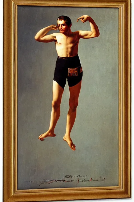 Image similar to body portrait of young Emmanuel Macron posing as a wrestler, colour painting by norman rockwell, guidi prime background by carl spitzweg