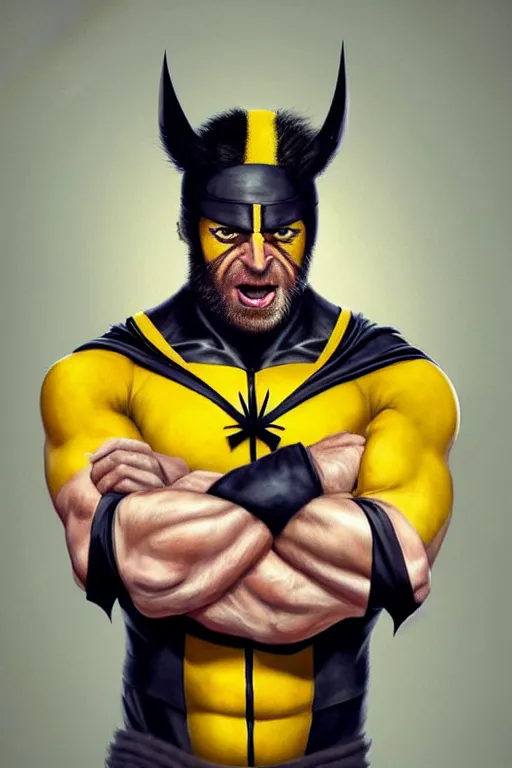 Image similar to Boris Johnson as Hugh Jackman Wolverine, claws are up, yellow X-man costume, Boris Johnson hairstyle, calm, grumpy, portrait, masculine figure, highly detailed, digital painting, artstation, concept art, smooth, sharp focus, illustration, cinematic lighting, art by artgerm and greg rutkowski and alphonse mucha