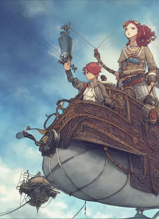 Image similar to character portrait of the pearl herald on an airship, hidari, color page, tankoban, 4K, tone mapping, Akihiko Yoshida.