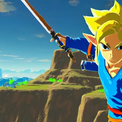 Image similar to a screencap of the legend of zelda breath of the wild, of goku in breath of the wild