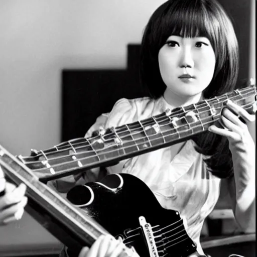 Prompt: real-life Yui Hirasawa with the Gibson Pre-'08 Les Paul Standard '50s, a still of a Japanese movie