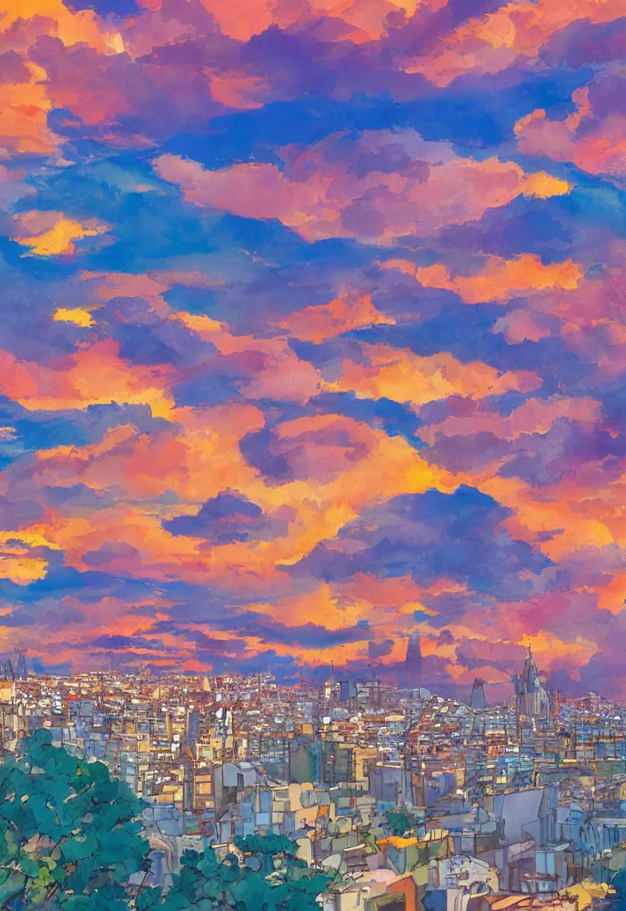 Image similar to barcelona city, detailed clouds, sunbeams, heavenly color scheme, studio ghibli scheme