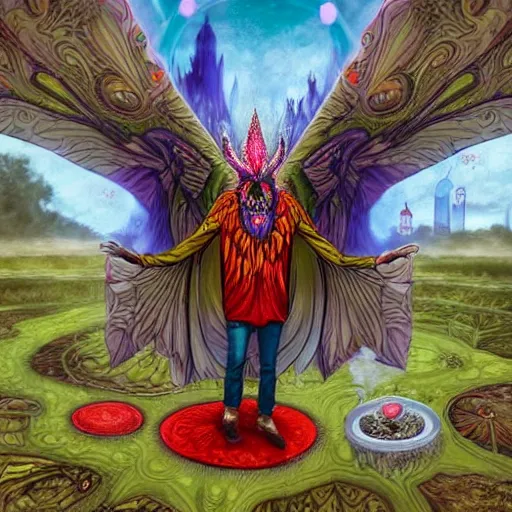 Image similar to 8K headshot Portrait of centered chest up of a psychedelic godlike mothman shaman with moth face and giant mandala wings smoking a hand-rolled cigarette smoking heavily , magic mushroom village in background , post-processing , award winning. superb resolution. in the art style of junji Ito and greg rutkowski . Detailed Mushroom city in background. Hyper realistic anime. Perfect art. Dalle2