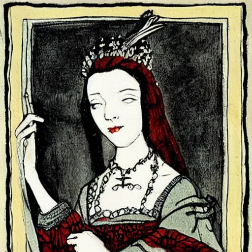 Image similar to Anne Boleyn half-bird half-woman, style of Arthur Rackham, detailed