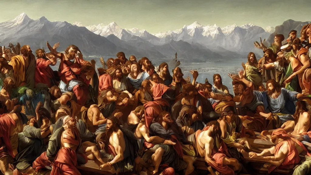 Image similar to a mix between the last supper and the raft of the medusa, with the mountains from napoleon crossing the alps in the back, sunny morning, matte painting, oil canvas, photorealistic illustration, extreme detail, hyper realistic, highly detailed, digital art