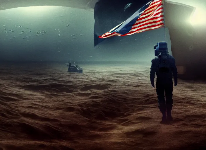 Image similar to astronaut holding a flag in an underwater desert. a submarine is visible in the distance. dark, concept art, cinematic, dramatic, atmospheric, 8 k, trending on artstation, blue, fish, low visibility, fog, ocean floor, christopher nolan, interstellar