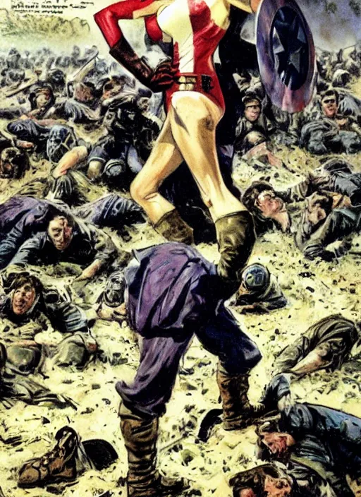 Image similar to beautiful jewish female captain america standing on a pile of defeated german soldiers. jewish feminist captain america wins wwii. american wwii propaganda poster by james gurney