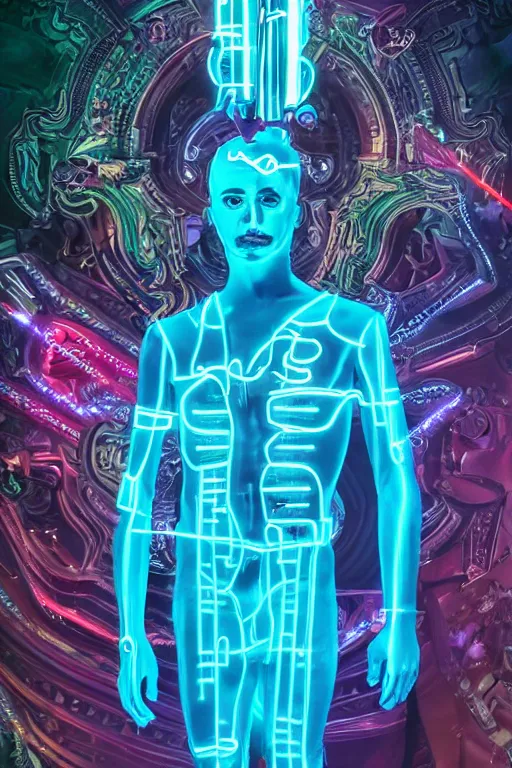 Prompt: full-body neon porcelain bladerunner style sculpture of a young handsome Colombian prince as a half android with a porcelain chest opening exposing circuitry and electric sparks, glowing laser beam eyes, crown of giant diamonds, flowing neon-colored silk, fabric, raptors. baroque elements. full-length view. baroque element. intricate artwork by caravaggio. Very very very very highly detailed epic photo of face. Trending on artstation, octane render, cinematic lighting from the right, hyper realism, octane render, 8k, depth of field, 3D