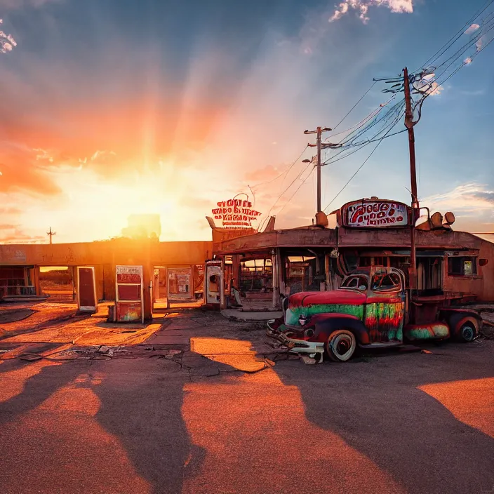 Image similar to a sunset light landscape with historical route 6 6, lots of sparkling details and sun ray ’ s, blinding backlight, smoke, volumetric lighting, colorful, octane, 3 5 mm, abandoned gas station, old rusty pickup - truck, beautiful epic colored reflections, very colorful heavenly, softlight