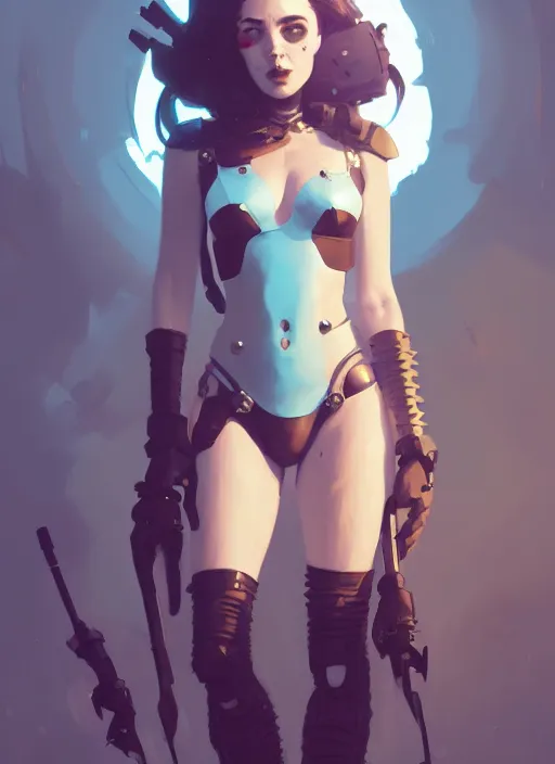 Image similar to portrait of cute goth girl in bikini cyborg armor, warhammer, by atey ghailan, by greg rutkowski, by greg tocchini, by james gilleard, by joe gb fenton, by in kaethe butcher, dynamic lighting, gradient light blue, brown, blonde cream and white color in scheme, grunge aesthetic