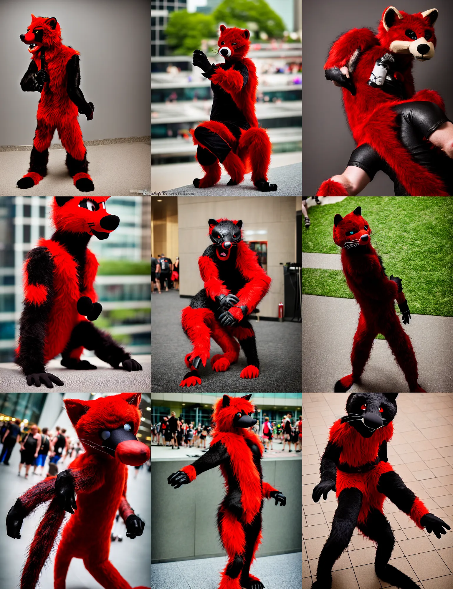 Image similar to fullbody photoshoot photo portrait of a roguish male red - black furred weasel furry fursuiter ( tail attached ), taken at anthrocon ( furry convention )