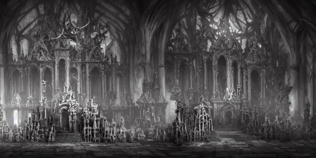 Prompt: low ultrawide interior shot of sedlec ossuary, covered in bones, smooth concept art mixed with fujifilm, dark, foggy, misty, atmospheric, trending on artstation, cgsociety, anime style, oil on canvas, denoise, cinematic masterpiece