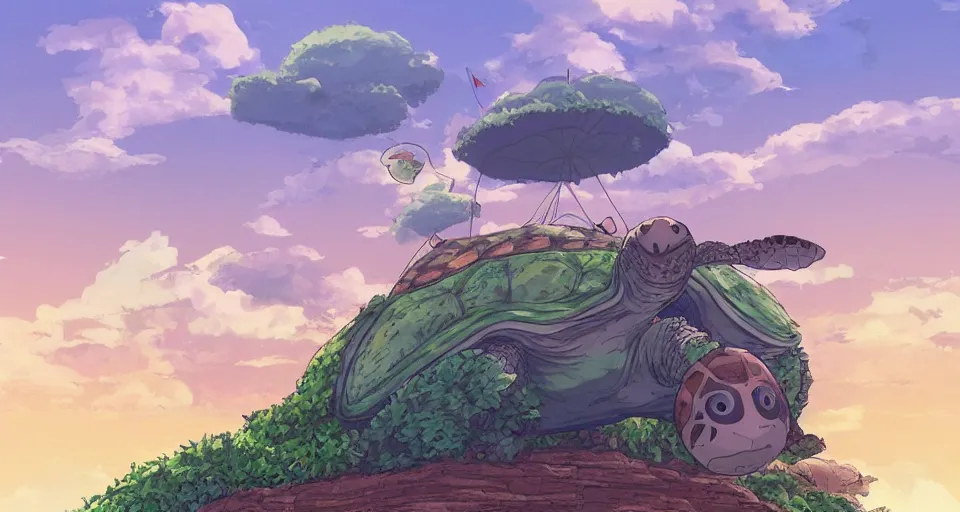 Prompt: a giant turtle with an island on its back by Studio Ghibli,trending on artstation