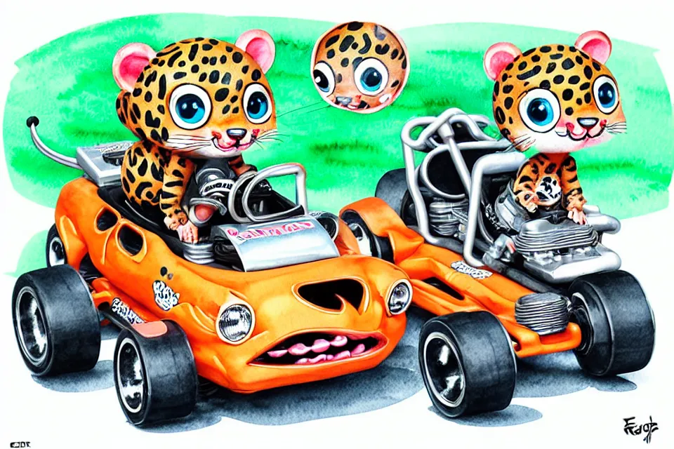 Image similar to cute and funny, baby leopard riding in a tiny go kart with oversized engine, ratfink style by ed roth, centered award winning watercolor pen illustration, isometric illustration by chihiro iwasaki, edited by range murata, tiny details by artgerm and watercolor girl, symmetrically isometrically centered