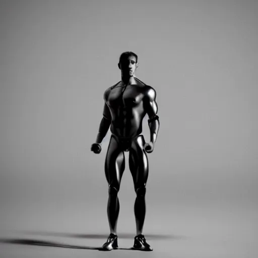 Prompt: a realistic detailed photo of a male fitness model who is also a male android, diego di marco, shiny skin, posing robotically, blank stare