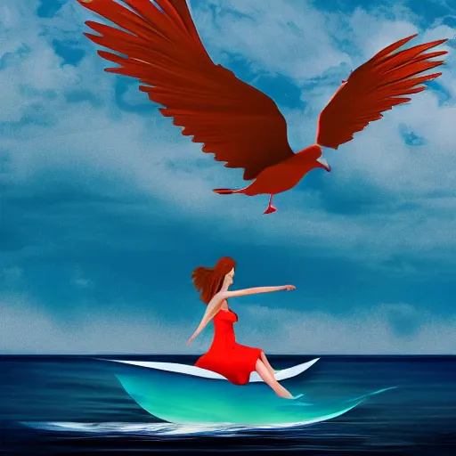 Image similar to Digital art of a woman riding a giant seagull in the sky