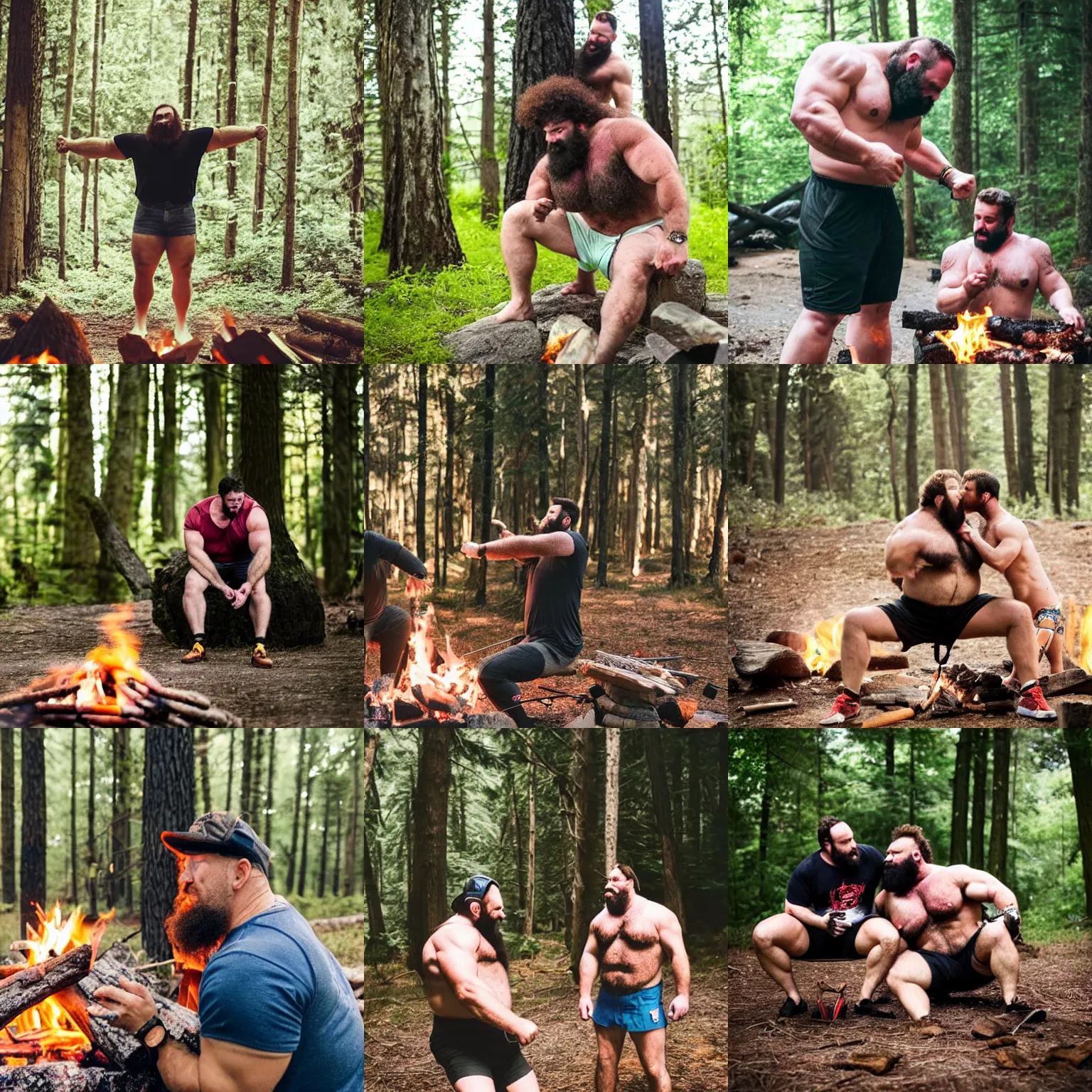Prompt: big hairy strongmen husbands in shorts in a forest, kissing around a campfire, daddy energy, wholesome, cute, love, photography, high details, epic, high resolution